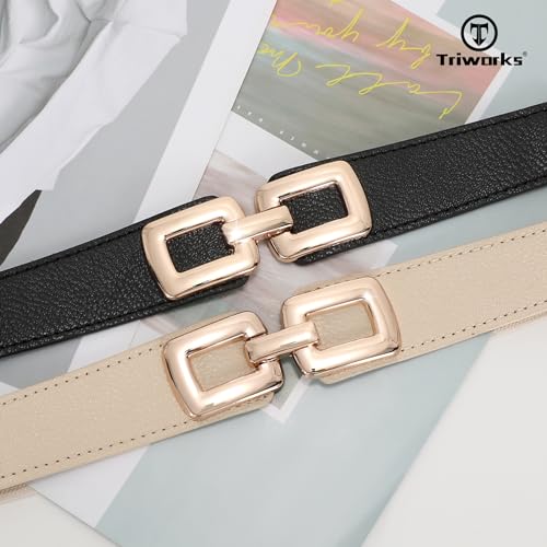 2 Pack Women Skinny Elastic Waist Belt for Dress Ladies Thin Stretch Belt with Gold Buckle3