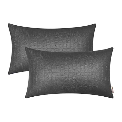 BRAWARM Charcoal Gary Faux Leather Pillow Covers 12x20, Embossed Crocodile