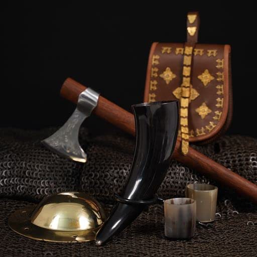 Mythrojan Corne à boire authentique d'inspiration médiévale Viking Wine/Hydromel 500 ml Bundle avec porte-corne de bière forgé à la main et verre à shot en corne de viking, paire de verres à shot