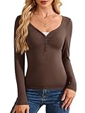 VUTRU Women's Long Sleeve Shirts Slim Fit Going Out Tops Lace V Neck T-Shirts Thin Casual Tight Tees 2025 Trendy Fall Spring Coffee