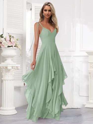 Chiffon Bridesmaid Dresses for Wedding Long Pleated V Neck Spaghetti Straps Tiered Ruffle Formal Evening Gown2
