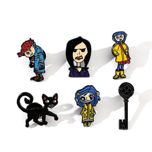 Image of The Secret Door Horror Movie Pin - Cartoon Yellow Raincoat and Coral Doll Enamel brooch Pin for Halloween Jewelry Accessory Gift for Horror Movie Fans (Coraline Set)