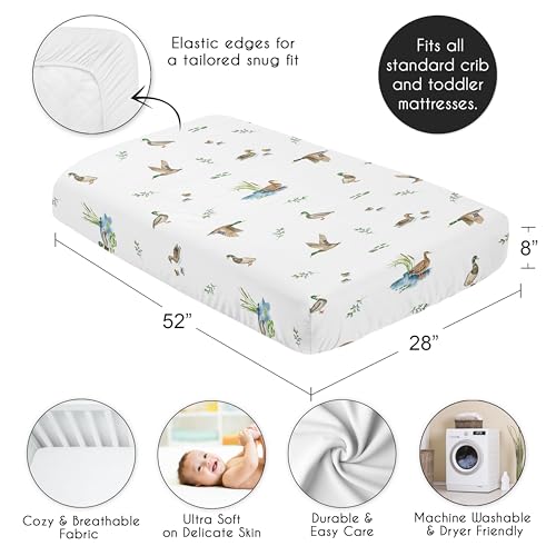 Image of Sweet Jojo Designs Fitted Baby Crib Sheets (Mallard Duck Cottagecore) for Girls /Boys, Infant Nursery, Toddler Room - Standard Size (Watercolor Ducks, Nature, Wildlife, Pond, Lake, Ducklings Lily Pads)