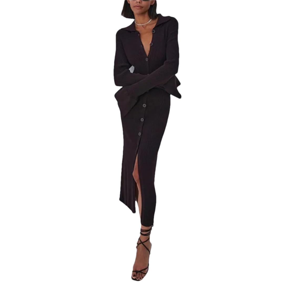 Vestido de invierno para mujer, de punto, ajustado, de manga larga, con botones, casual, para fiesta