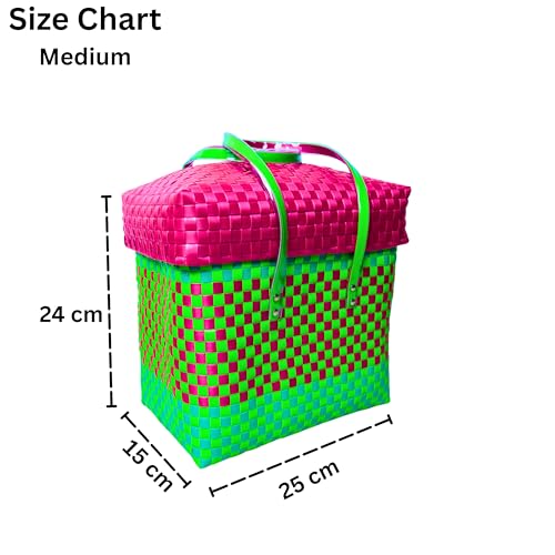 Image of Hand Made Multipurpose Plastic Basket with Lid | Eco-Friendly, Washable, Rust-Free Storage Basket for Kitchen, Picnic, Toys, Travel, Office | Lightweight basket (Green with Pink, M)