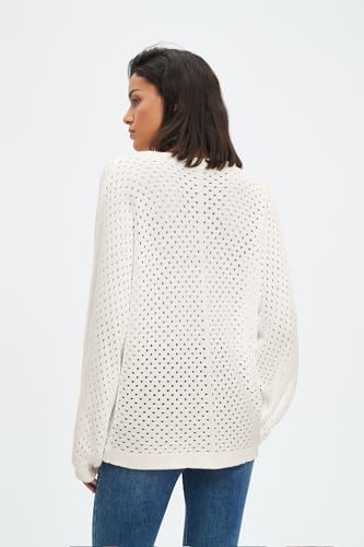 Image of EZAPINE Women's Oversized Crochet Sweater Pullover Drawstring Long Sleeve Button Hollow Out Knit Crochet Top Blouses