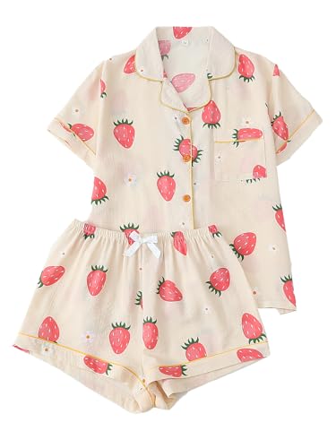 SweatyRocks Women's Matching Pjs 2 Piece Cute Printed Short Sleeve Button Front Top with Shorts Pajama Set2