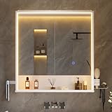 mojiasion 2 türiger LED Spiegelschrank 70x78x18 cm, Badschrank mit Steckdose, Touch Sensor & 3 dimmbaren Lichttemperaturen – inkl. Föhnhalter, Handtuchhalter & verstellbarem Einlegeboden – Weiß