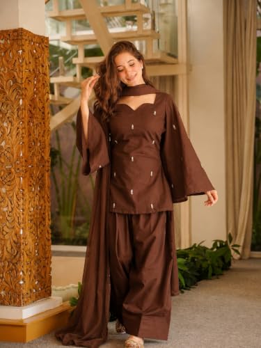 Image of ANNI Designer Women's Cotton Blend Embroidered Straight Kurta with Farshi Salwar and Dupatta | Ethnic Kurta Set for Women Stylish Indian Outfit Designer Suit Set Ethnic Clothing Collection