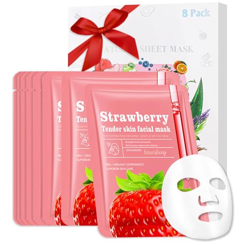 CAKAILA 8 Pack Strawberry Face Mask,Pink Face Masks Skincare Spa Day Kit Supplies,Spa Party Favors for Women,Sheet Facial Mask Skincare Gifts Set,Moisturize Soothe for All Skin Types