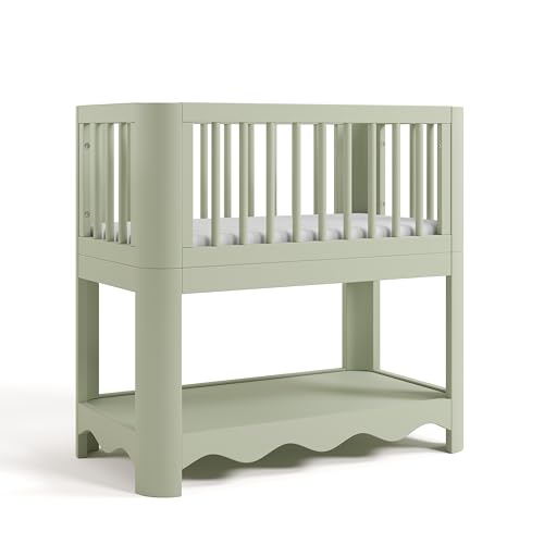 Image of Storkcraft Casablanca 3-in-1 Convertible Bassinet, Sage | GREENGUARD Gold Certified Wood Baby Bassinet, Includes Water-Resistant Mattress, Converts to Toy Box and Bookcase, Newborn