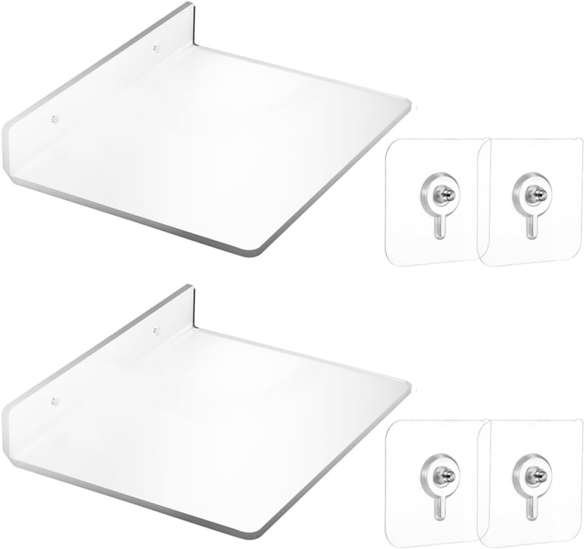 ABOOFAN 2 Pcs Floating Shelves No Drilling Wall Mounted Bathroom Organizer Acrylic Space-Saving Wall Caddy for Bathroom and Living Room