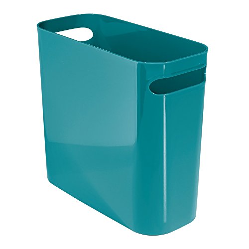 InterDesign Una Rectangular Trash Can with Handles, Waste Basket Garbage Can for Bathroom, Bedroom, Home Office, Dorm, College, 10-Inch, Teal Blue