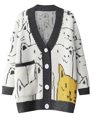 Image of Gihuo Women Cat Sweater Oversized Cute Kawaii Cardigan Knit Graphic V Neck Loose Fit Long Sleeve Cardigan Coat