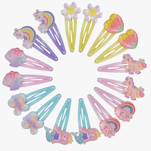 Halinuia - Halinuia Lot de 16 Pinces à Cheveux pour Fille, Pinces à Cheveux Colorées, Clip Brillant avec Sirène Licorne Papillon, Pinces pour Fille Femme et Adolescents