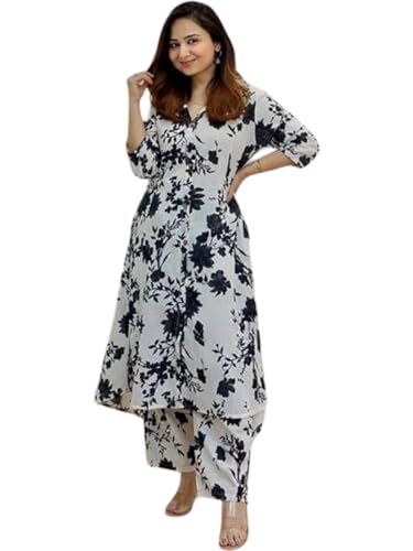 Image of GRECIILOOKS Co ord set for women stylish | Anarkali Kurta-Set - Viscose Printed Kurta & Straight Pant | kurtis| Festive Indian Traditional Outfit Dress for Functions & Puja | Trendy Travel & Streetwear Look for Woman | 3 /4 Half Sleeve
