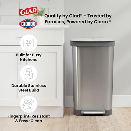 Image of Glad 13 Gallon All Brushed Stainless Steel Trash Can with Clorox Odor Protection | Large Metal Kitchen Garbage Bin with Soft Close Lid, Garbage Bag Rings, Step On Foot Pedal and Waste Bag Roll Holder