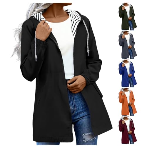 Raincoat for Women Striped Lined Waterproof Rain Jacket with Hood Outdoor Lightweight Windbreaker Travel Jackets