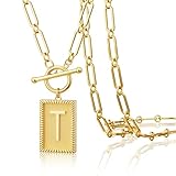 Moodear Collar con inicial para mujer, chapado en oro de 14 quilates, collar con colgante de inicial A-Z, collar con nombre personalizado, collar de letra gruesa, collar de cadena de clip de oro