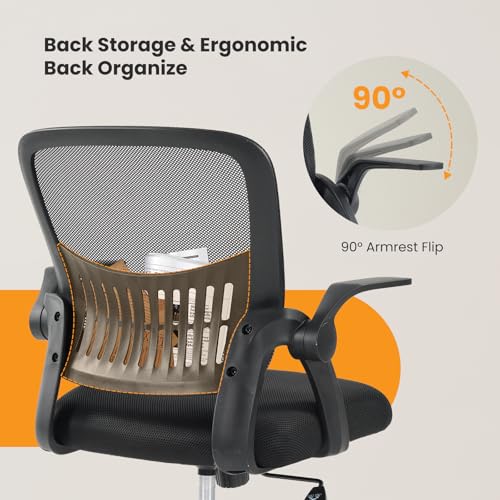 Image of Sweetcrispy Home Office Managerial Executive Chair, Flip Up Armrest Ergonomic Mesh Adjustable Swivel Mid-Back Computer Desk Chair with Comfortable Lumbar Support, Comfy Arms for Bedroom,Study