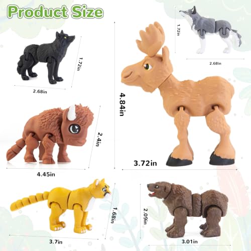 Image of cobinaan 6PCS 3D Printed Safari Animals Figures Toys Bear Bison Moose Wolf | Flexible Articulated Fidget Toys, Child-safe PLA Plastic, Party Favors Birthday Gifts Cake Topper Home Office Desk Decor