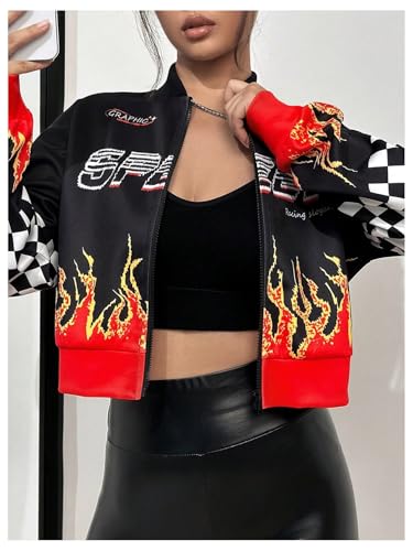 Floerns Women's Letter Racing Motorcycle Coat Drop Shoulder Bomber Jacket Outerwear3