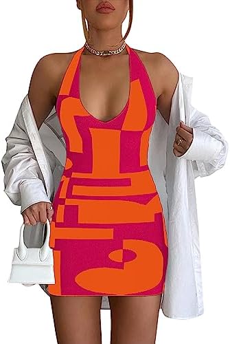 PICPUNMAK Women Sexy Halter Neck Backless Knit Bodycon Mini Dress Tie Back V Neck Sleeveless Color Block Bandage Dresses Orange