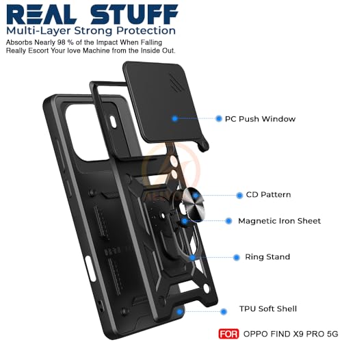 Image of Armor Bumper Back Cover Case for Oppo Find X9 Pro 5G Rotating Camera Cover, Ring Holder & Kickstand | Heavy Duty & 360 Degree Protection Oppo Find X9 Pro 5G Back Cover (Black)