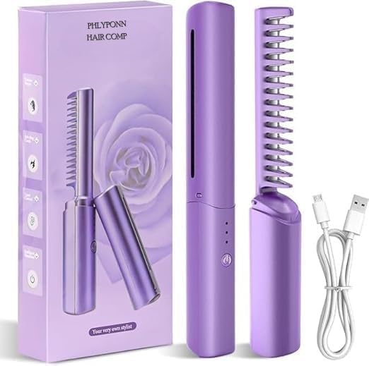SWIXTER Rechargeable Mini Hair Straightener Electric Comb Brush For Women, Wireless Hair Styling Comb Ceramic Hair Styler & Straightener Machine | 3 Gear Control – Intelligent Shutdown, Violet