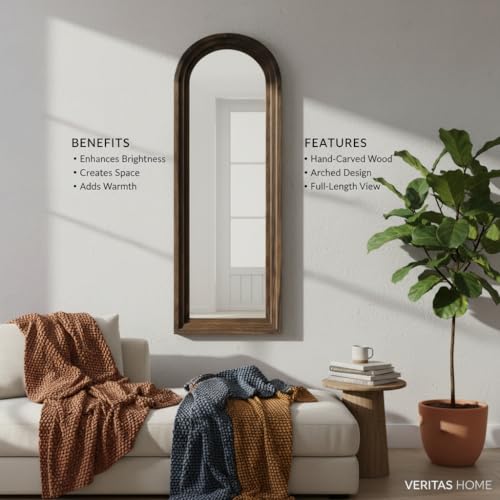 Image of APRODZ Rustic Arched Distressed Wood Mirror Full-Length Floor Mirror | Vintage Farmhouse Style Full Body Dressing Mirror for Bedroom, Living Room & Hallway Decor