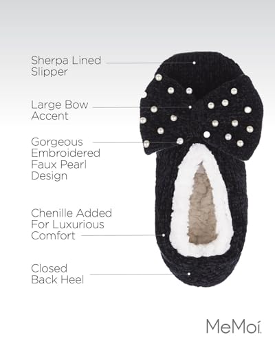 Image of MeMoi Women's Precious Pearls Chenille Bow Accent Sherpa-Lined Slippers