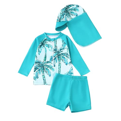 Conjunto de baño de 3 Piezas para bebé niño con Estampado Tropical, bañador con protección UV UPF 50+ y Gorro antierupciones, Ideal para Playa y Piscina, Talla 0 a 3 años (Sky Blue, 12-18 Months)