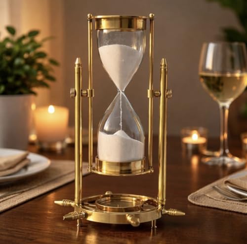Image of Antique Handmade Brass Sand Timer Gold Brass Finish Nautical Sand Timer with Wheel Compass Base for Gifted Home & Office Desk Decor (Time 4-5 min) Height 8 Inch