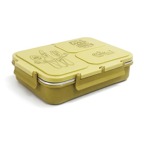 Image of Classic Steels Insulated 3-Compartment Stainless Steel Lunch Box for Kids & Adults | Leak-Proof Bento Box with Silicone Seal | BPA-Free & Food Grade, Yellow