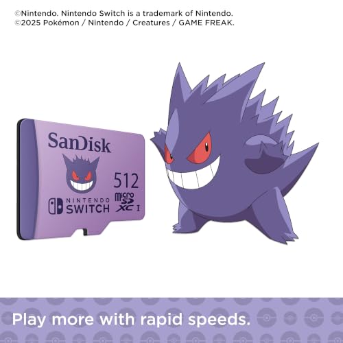 Image of SANDISK 512GB Pokemon Gengar microSDXC Card Licensed for Nintendo-Switch - Made for Nintendo-Switch 1, OLED, and Lite - SDSQXAO-512G-GN6ZK