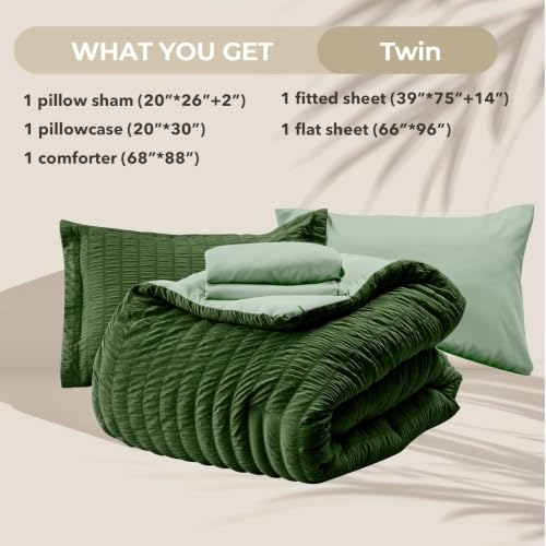 Image of HYMOKEGE Dark Green /Sage Green Twin Comforter Set Seersucker 5 Pieces, All Season Luxury Bed in a Bag for Bedroom, Bedding Set with Comforter, Sheets, Pillowcase & Sham