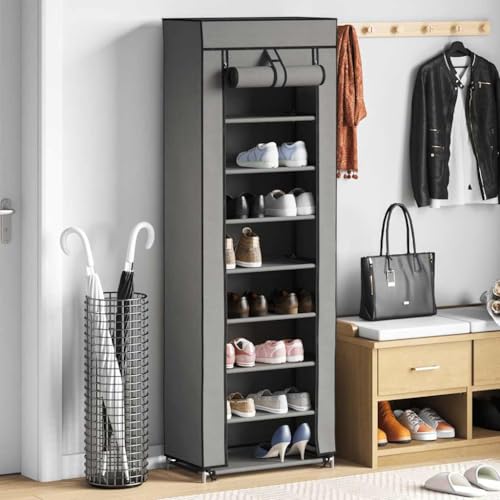 Kaloriko Zapatero con cubierta gris 57 x 29 x 162 cm de tela, ahorro de espacio con 8 niveles, organizador para pasillo y vestíbulo, almacenamiento para mujeres, hombres, niños, zapatero con