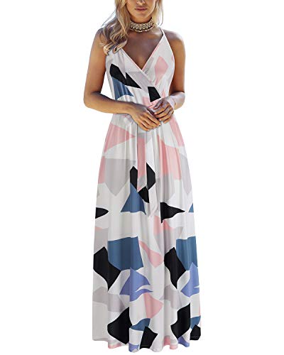 Image of OUGES Womens Summer Maxi Dress V Neck Floral Adjustable Spaghetti Strap Beach Dresses with Pockets
