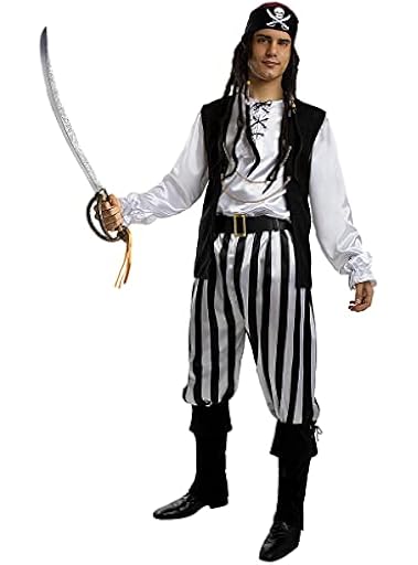 Funidelia | Disfraz de pirata a rayas - Colección blanca y negra para hombre Corsario, Bucanero - Disfraz para adultos y divertidos accesorios para Fiestas, Carnaval y Halloween - Talla M - Blanco | Ya disponible en tu tienda friki favorita! En mundofriki.es!