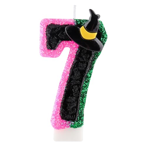 Hongplus Pink Green Birthday Number 7 Candles for Cake, Pink Green Black Party Decorations, Witch Birthday Decorations for Girls