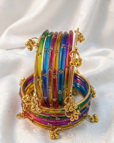 Image of NMII Viral Multi Colour Glass Bangles with Golden Ghungroo Charms & Stone Work For Women & Girls | Fancy Designer Glass Bangle | Traditional Chudi | Kanch Ki Churi | Stylish Ghungroo Bangle For Women