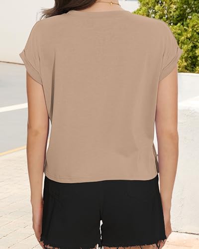 Image of Womens Crop Tops Summer Roll Cap Sleeve Cropped Tshirt Loose Fit Basic Tees