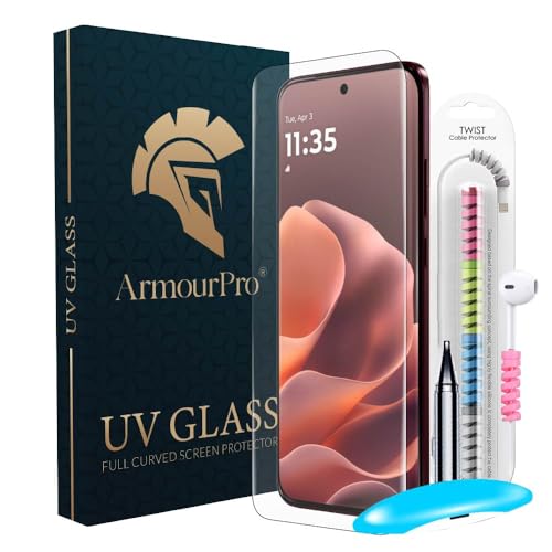 Image of ArmourPro UV Glue Tempered Glass for Motorola Edge 70 Pro Plus Curved Screen Protector, 9H Anti Scratch, Edge-to-Edge Coverage, HD Clarity, Easy UV Kit with Cable Protector
