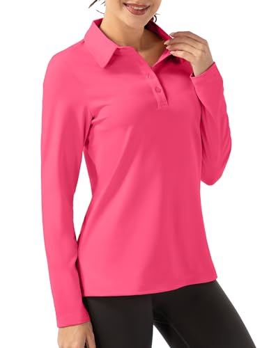 FKEEP Women Long Sleeve Polo Shirt Golf Sport Top Athletic Sportswear Tennis Activewear (Neon Pink, S)