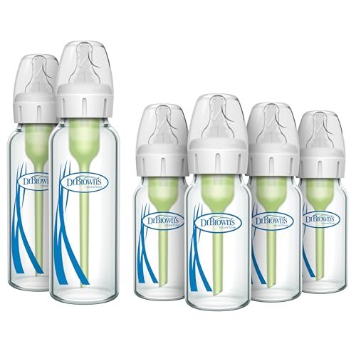Image of Dr. Brown's Anti-Colic Options + Narrow Glass Baby Bottle with Level 1 Slow Flow Nipple, BPA-Free, 0m+, 4 oz/120mL, 4-Pack + 8oz/250mL, 2-Pack