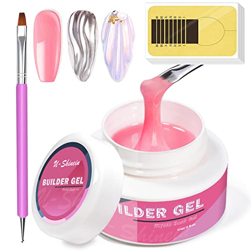 U-Shinein Builder Nail Gel Kit, Clear Pink White Nail Extension Building Gel Nail Repair Hard Gel Nails Strengthen Acrylic Nail Manicure Art with 100pcs Nail Forms Nail Pen