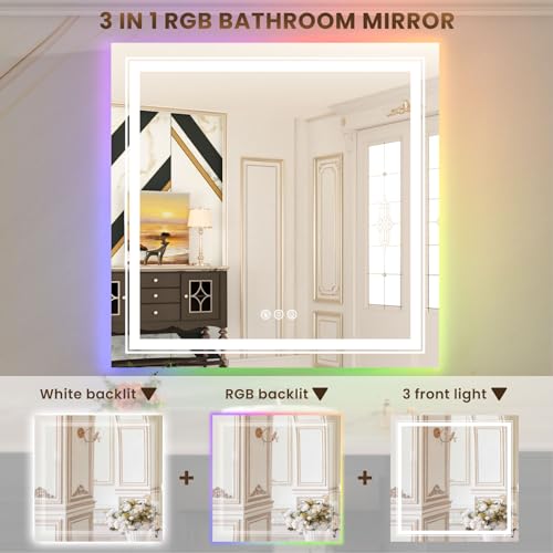 Image of WTTY RGB LED Bathroom Mirror 36 inchx36 inch with Backlit and 3 Front Light,Stepless Dimmable LED Mirror for Bathroom,Lighted Bathroom Vanity Mirror for Wall,Anti-Fog,Memory Function,Shatter-Proof
