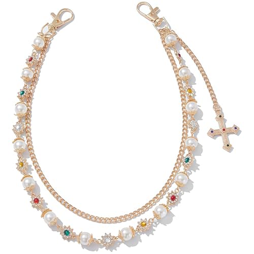 AstraGlam Modische Mehrlagige Hosenkette Wallet Chain Taschenanhänger – Exquisite Punk Gold Silberkette mit Strassblumen Perlen, Gürtelkette für Damen Herren, Niedliche Bag Charms Schmuck