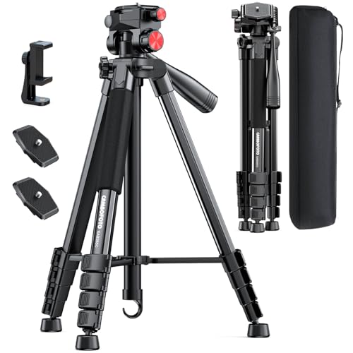 Image of CAMBOFOTO 72 inch Camera Tripod for DSLR and Cell Phone, Pan Head, Aluminum | Portable Tall Tripod Stand with Phone Holder &Quick Release Plate, Compatible with Canon iPhone for Live Video Vlog Recording