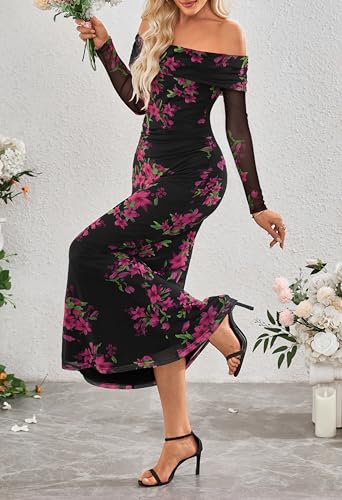 MEROKEETY Women's Fall Off Shoulder Floral Maxi Dresses Formal Long Sleeve Bodycon Cocktail Wedding Guest Dress3